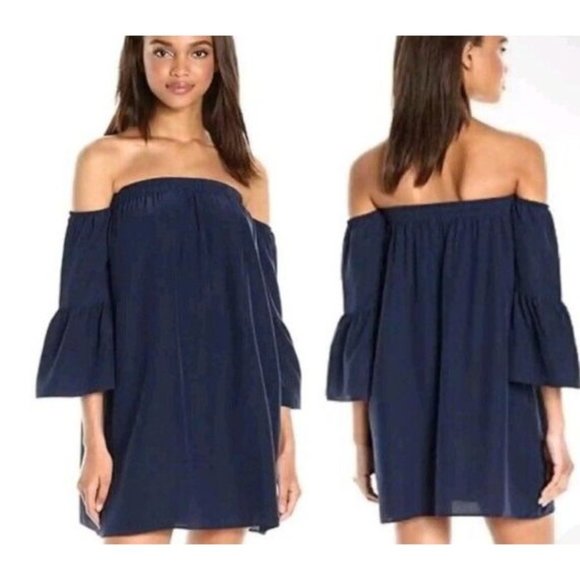 Lilly Pulitzer Dress Women S Sanilla Off The Shoulder Silk Navy Bell Sleeve Mini - Picture 1 of 14